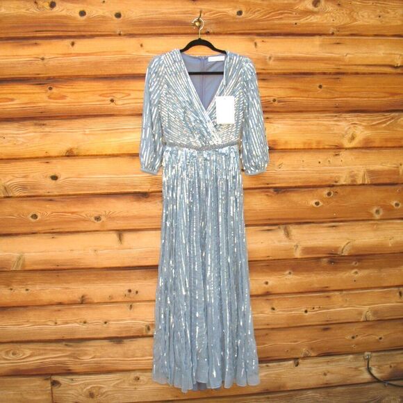 Mac Duggal 5509 Womens Blue Sequin Wrap Over 3/4 Sleeve Gown - Picture 5 of 14